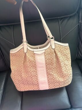 Coach Beige Signature Shoulder Tote with white Trim